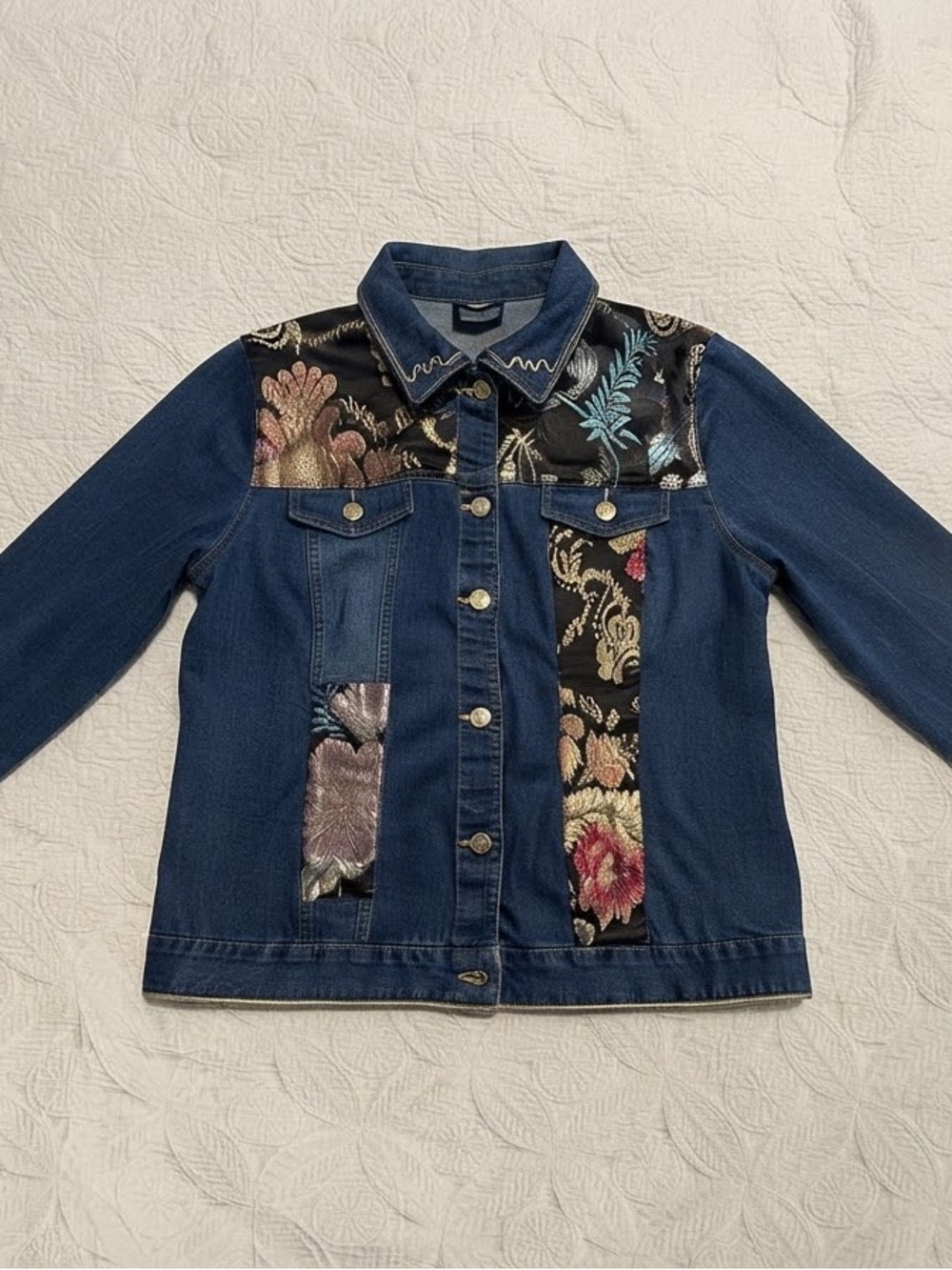 Chico's Denim Jacket Womens Size 2 12/14 Blue Brocade Floral Patchwork Button